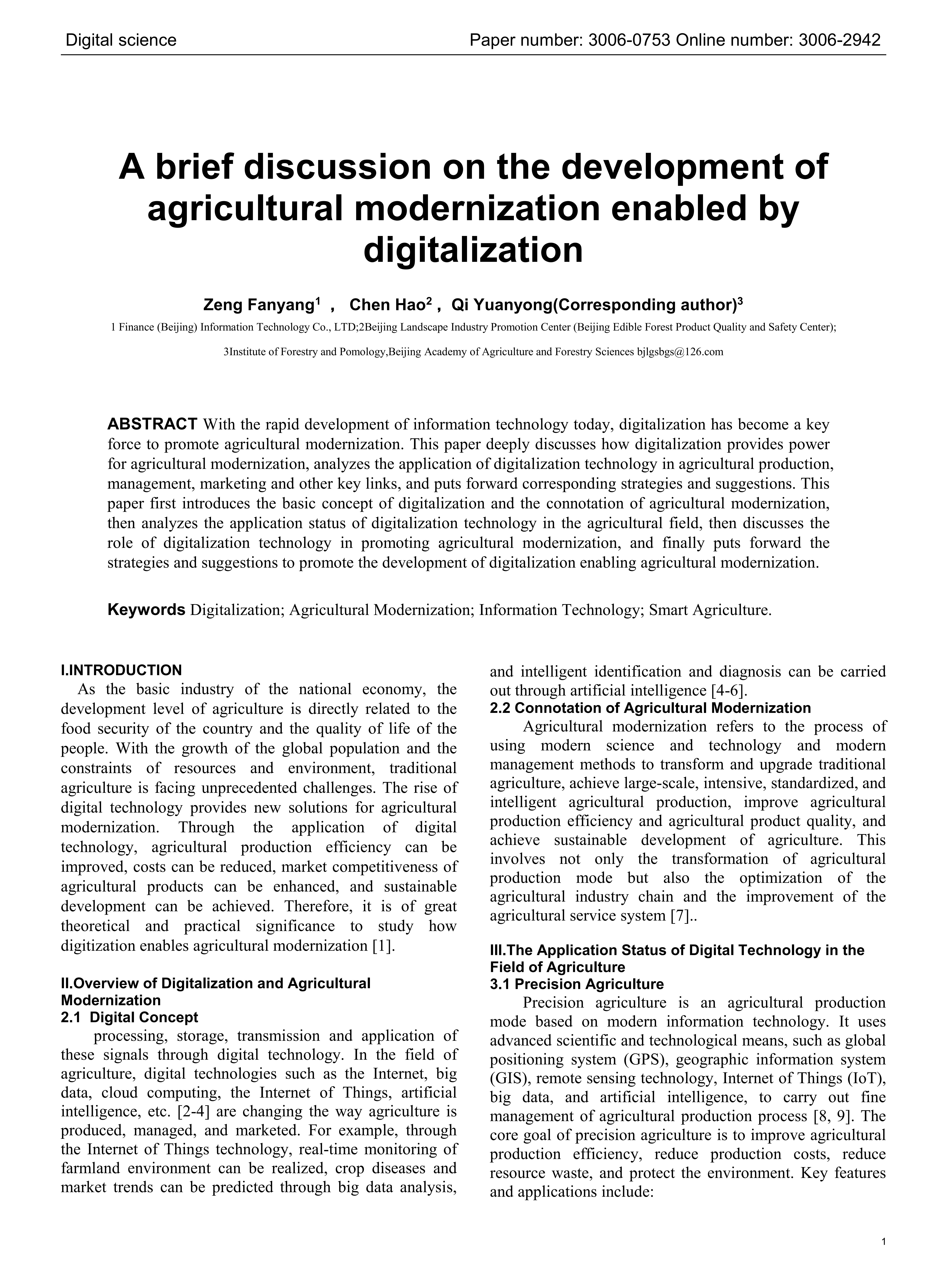 A brief discussion on the development of agricultural modernization enabled by digitalization