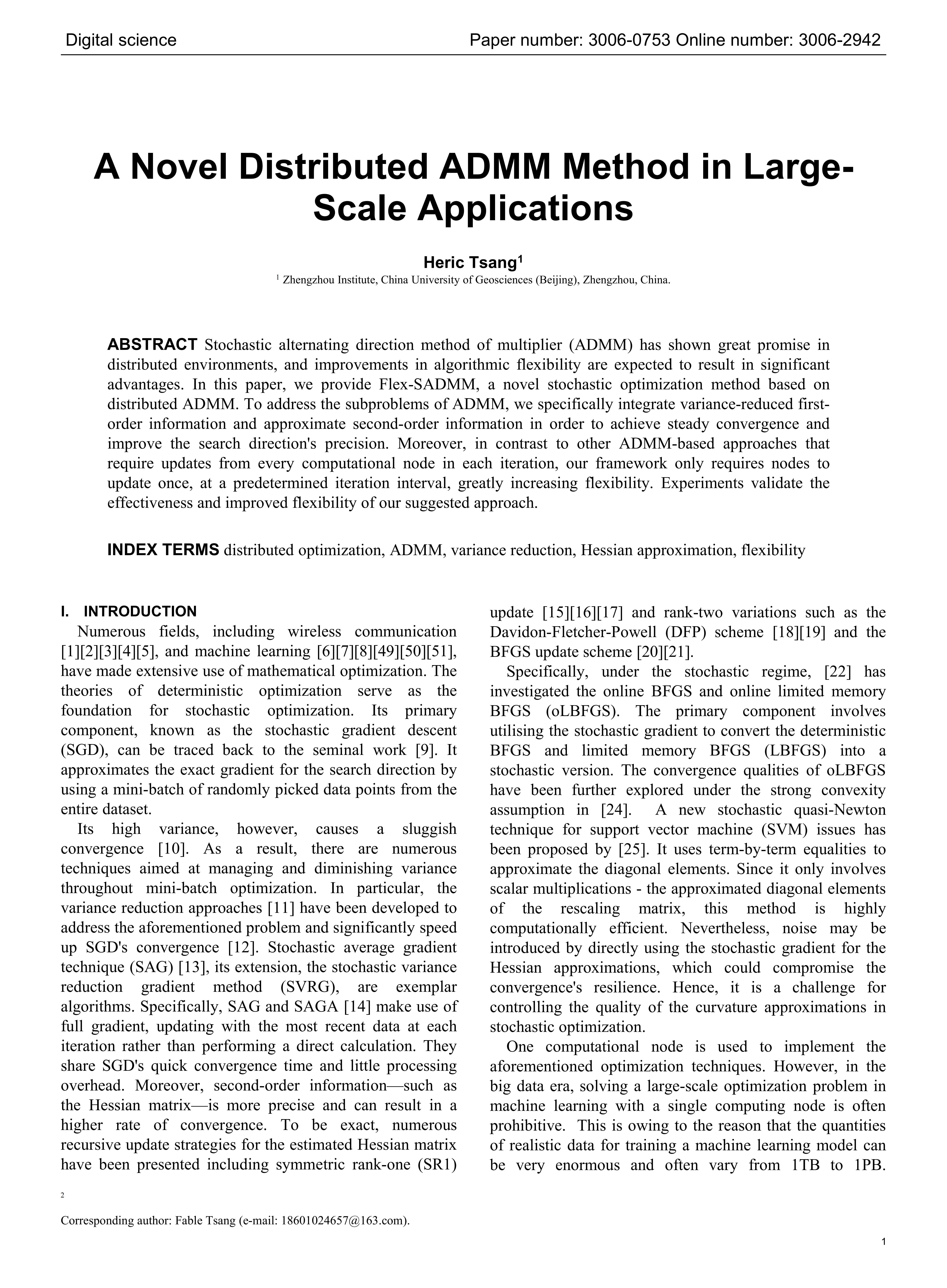 A Novel Distributed ADMM Method in Large-Scale Applications