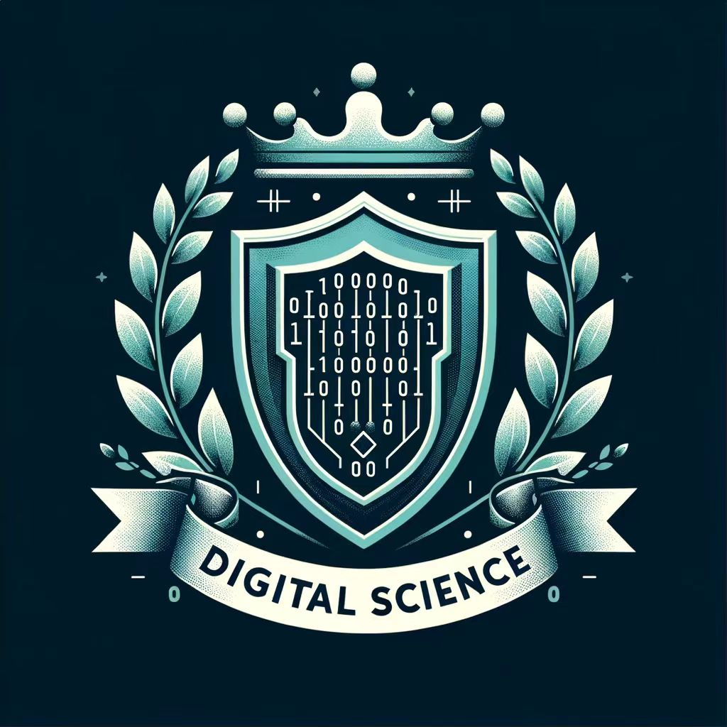  A shield-shaped badge topped with a crown, featuring a binary code pattern in the center, encircled by laurel branches, with a banner below inscribed with the words "DIGITAL SCIENCE.